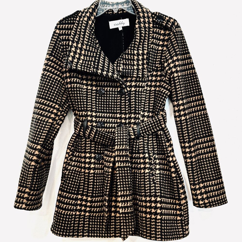 Sebby Houndstooth Large Pea Coat Jacket Black Brown Belted Pockets EUC Button Up